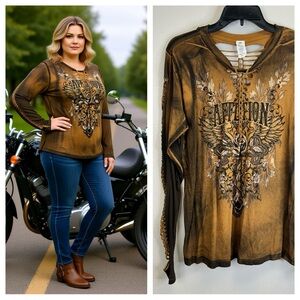 Affliction 2X Rocker Biker Graphic Top Festival Band Concert Sexy Distressed